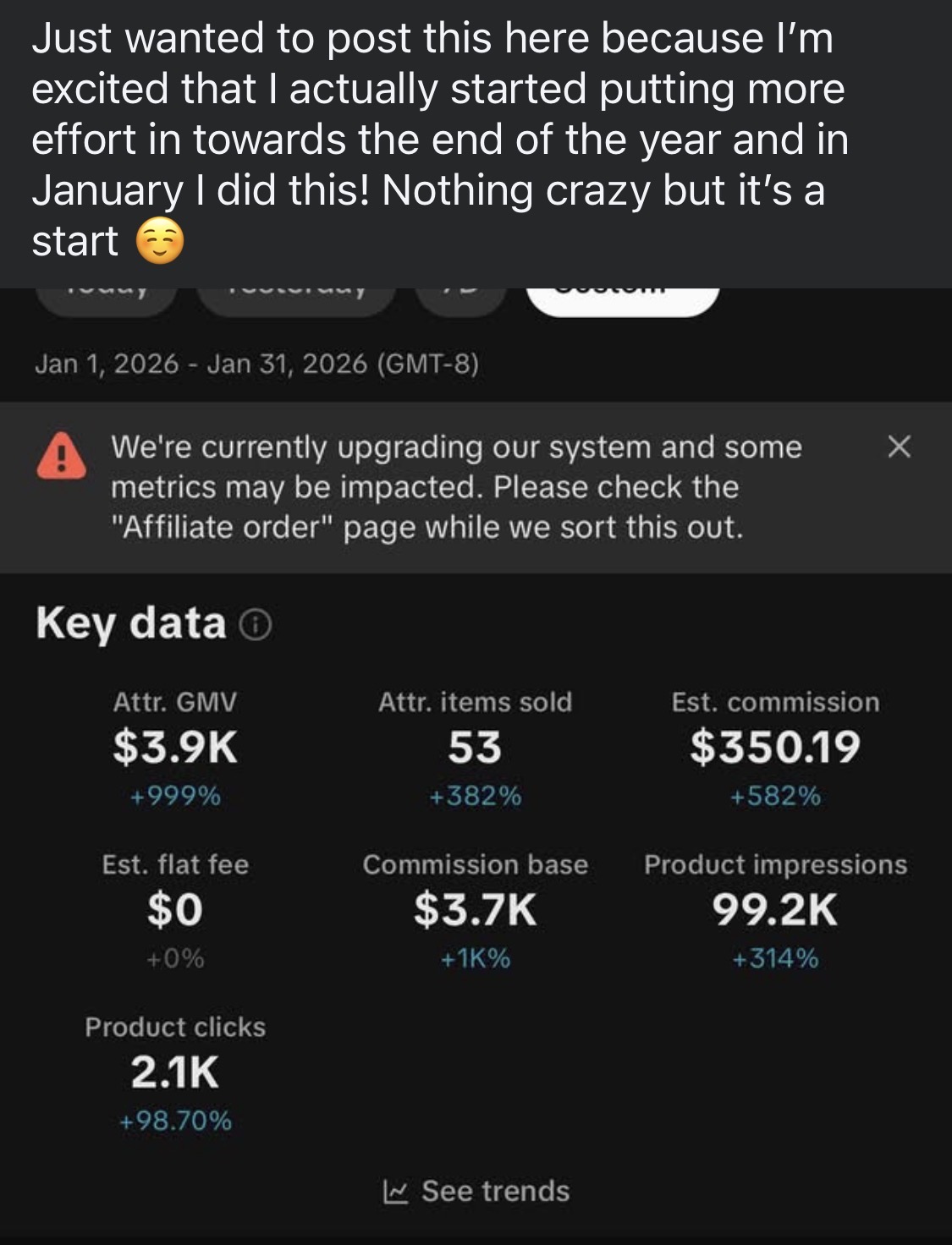 Student TikTok Shop result — $3.9K GMV in January 2026