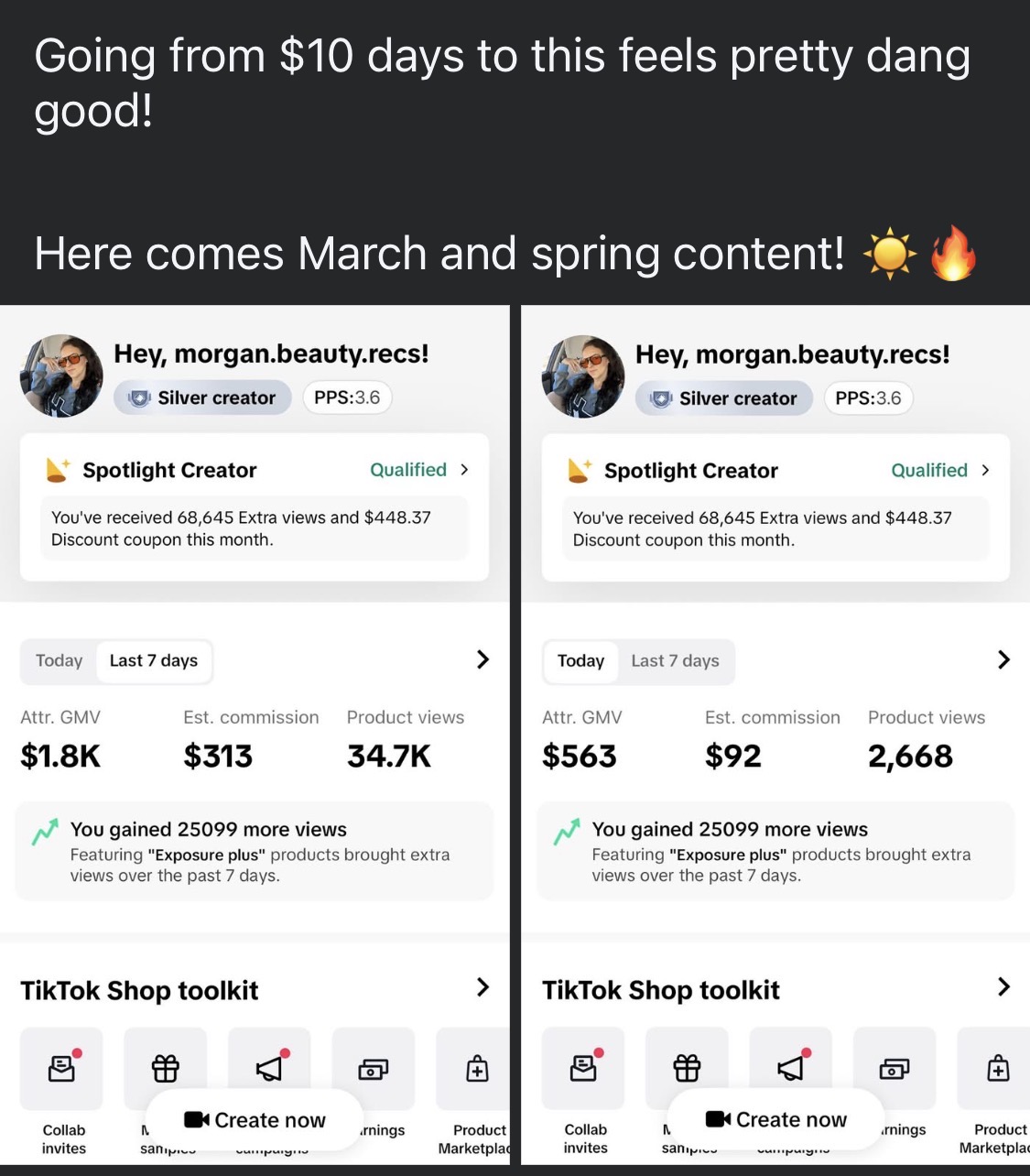 Student TikTok Shop result — $1.8K GMV in 7 days