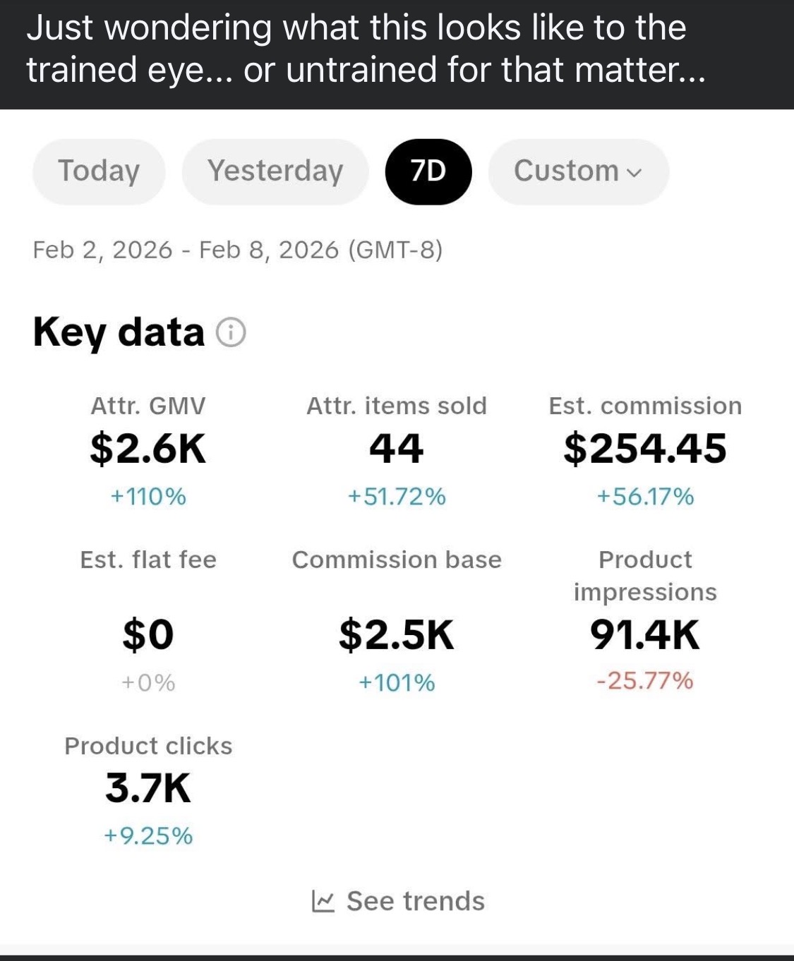 Student TikTok Shop result — $2.6K GMV in 7 days